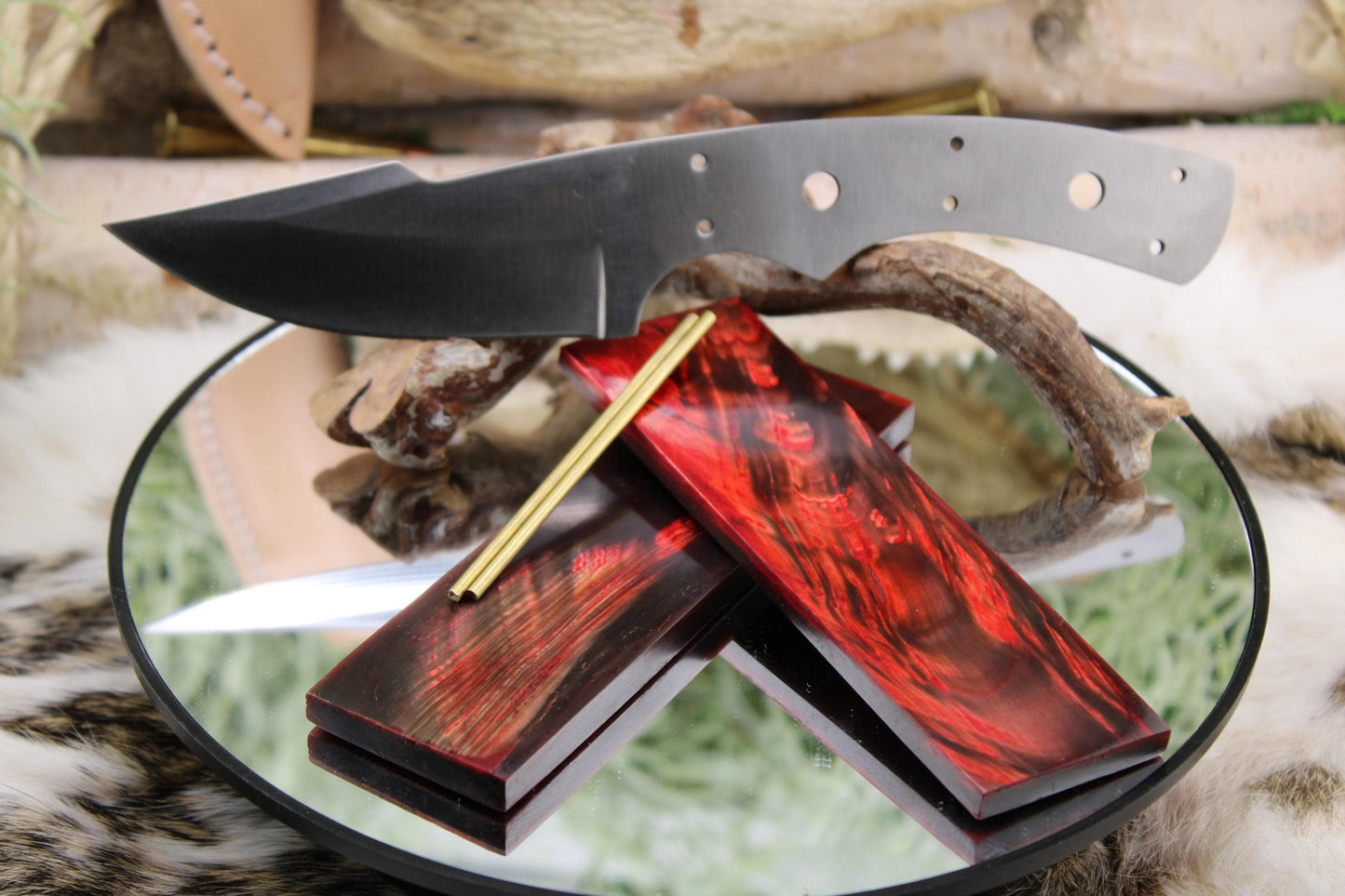 DIY Knife Making Kit17: Harpoon Hunter Blade, Red Buffalo Horn Scales, Brass Pins, Sheath
