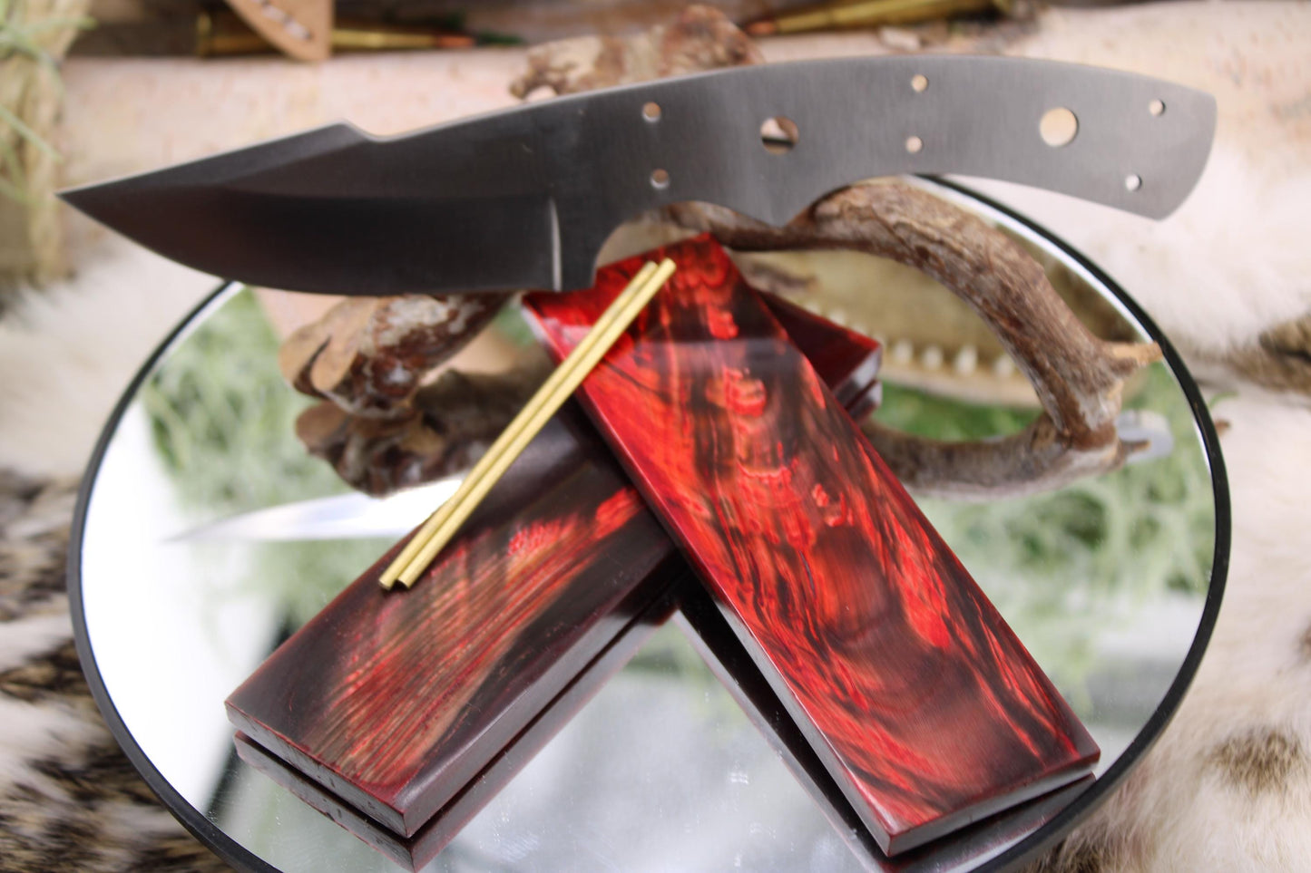 DIY Knife Making Kit17: Harpoon Hunter Blade, Red Buffalo Horn Scales, Brass Pins, Sheath