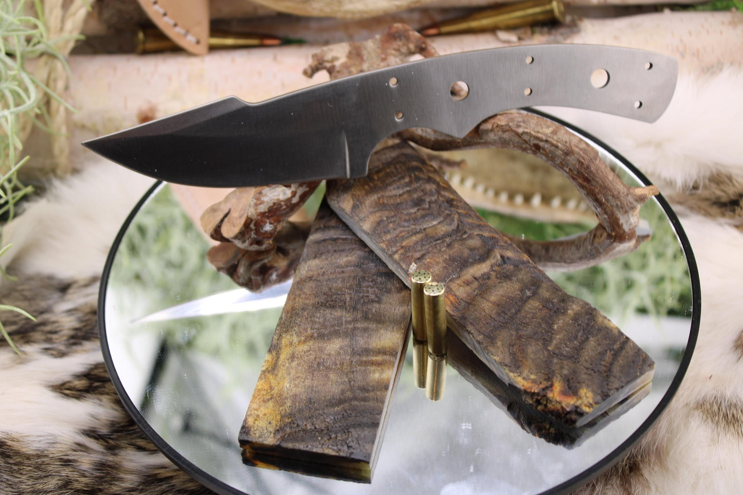 DIY Knife Making Kit19: Harpoon Hunter Blade, Ram Horn Scales, Mosaic Pins, Sheath