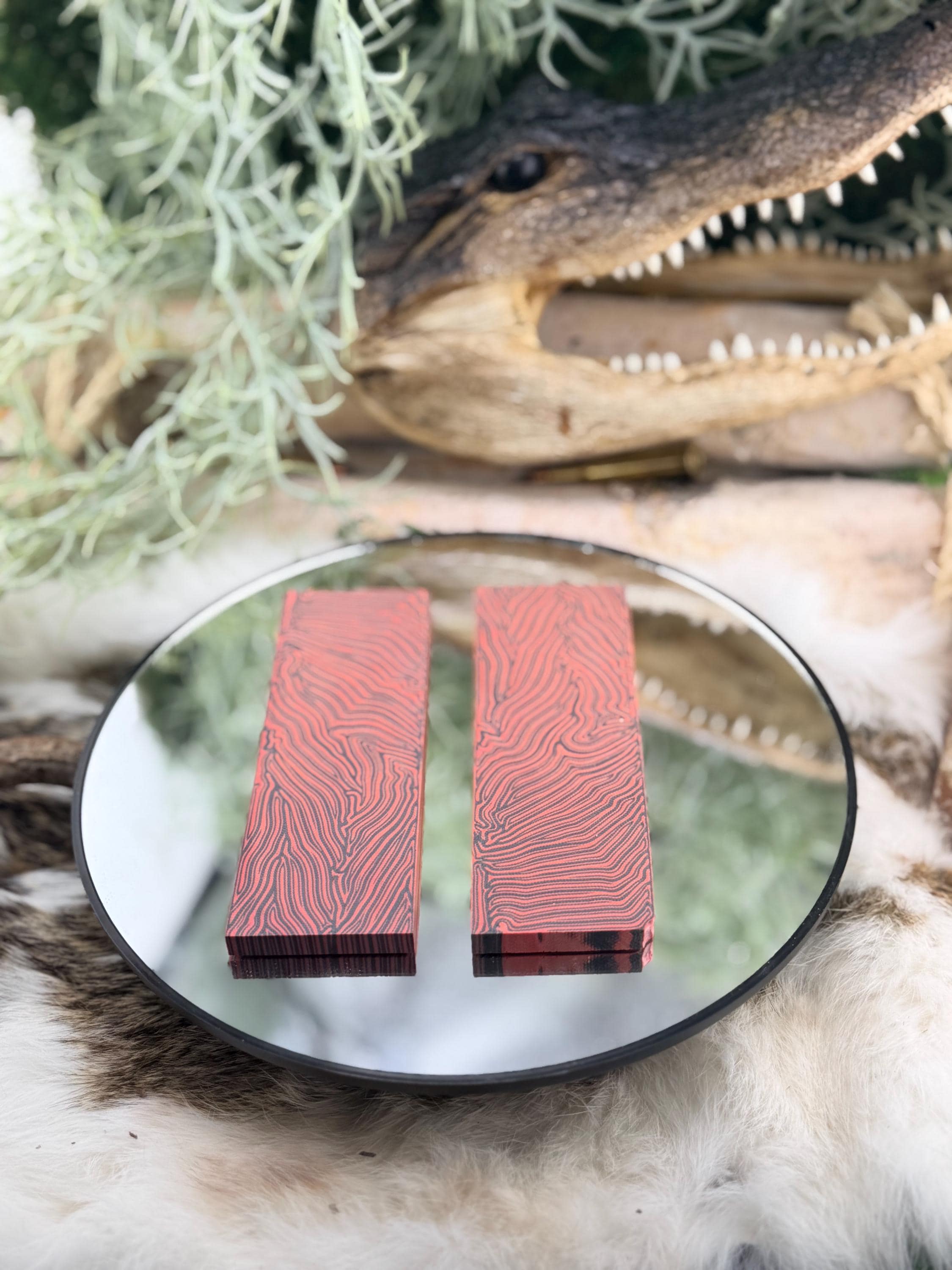 Red Black Damascus G10 Knife Scales – Textured Composite Handle Material
