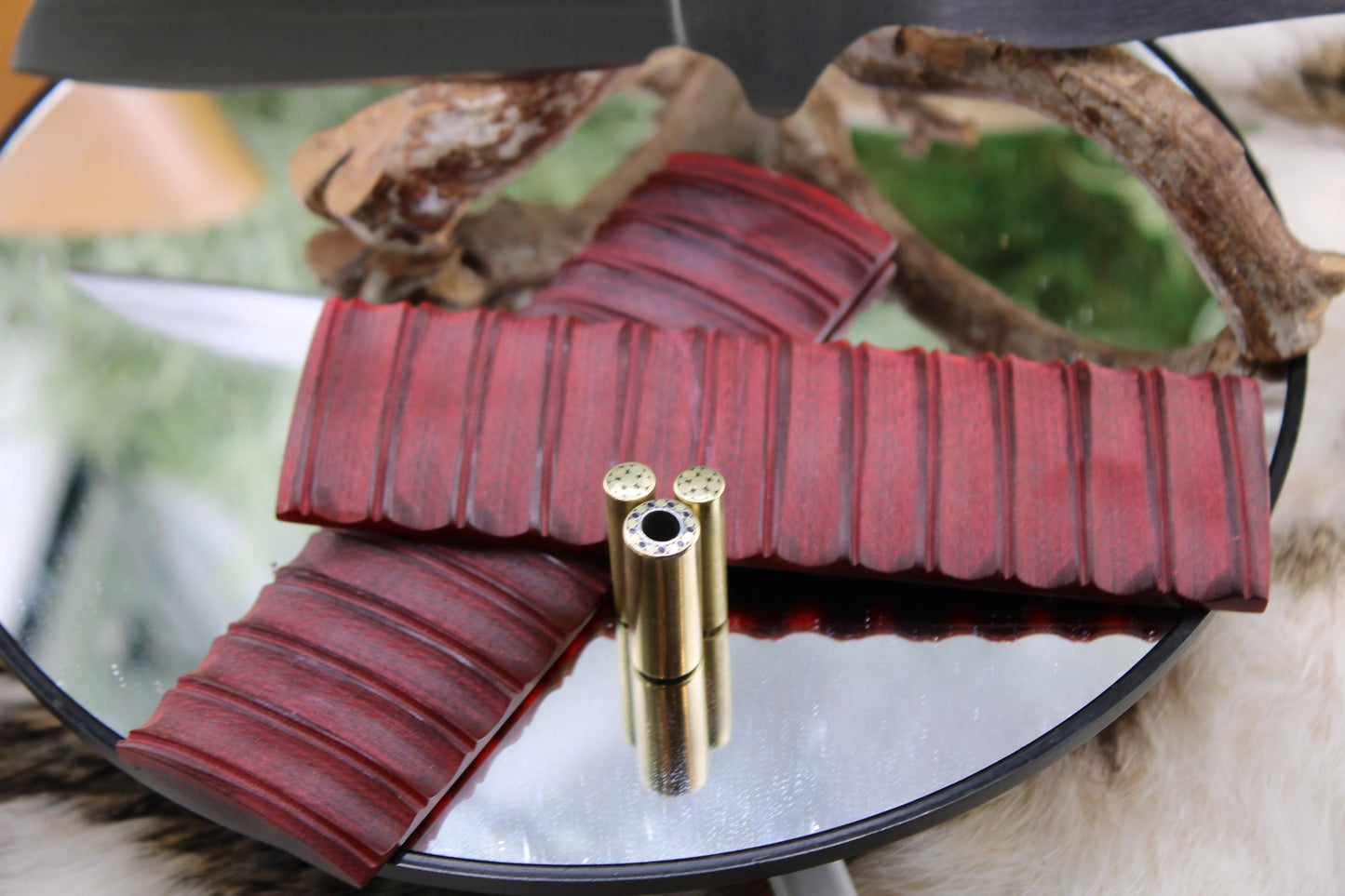 DIY Knife Making Kit1: Sheep Foot Blade, Red Camel Bone Scales, Mosaic Pins, Sheath