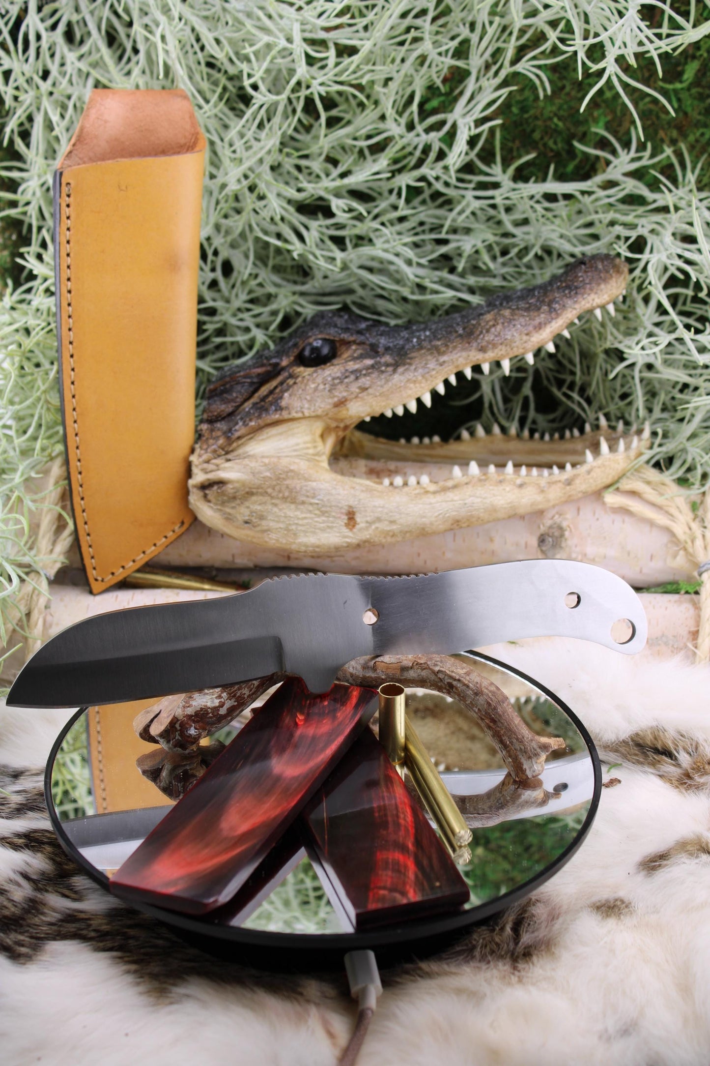 DIY Knife Making Kit3: Sheep Foot Blade, Red Buffalo Horn Scales, Brass Hardware, Sheath