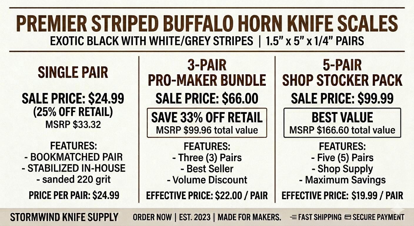 Striped Black Buffalo Horn Knife Scales  High-Contrast Handle Material 1.5 x 5 x 1/4