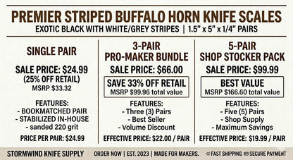 Striped Black Buffalo Horn Knife Scales  High-Contrast Handle Material 1.5 x 5 x 1/4