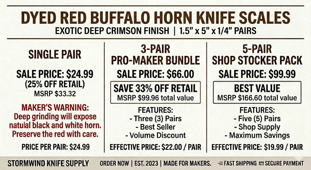 Dyed Red Buffalo Horn Knife Scales  High-Contrast Handle Material (1.5 x 5 x 1/4)