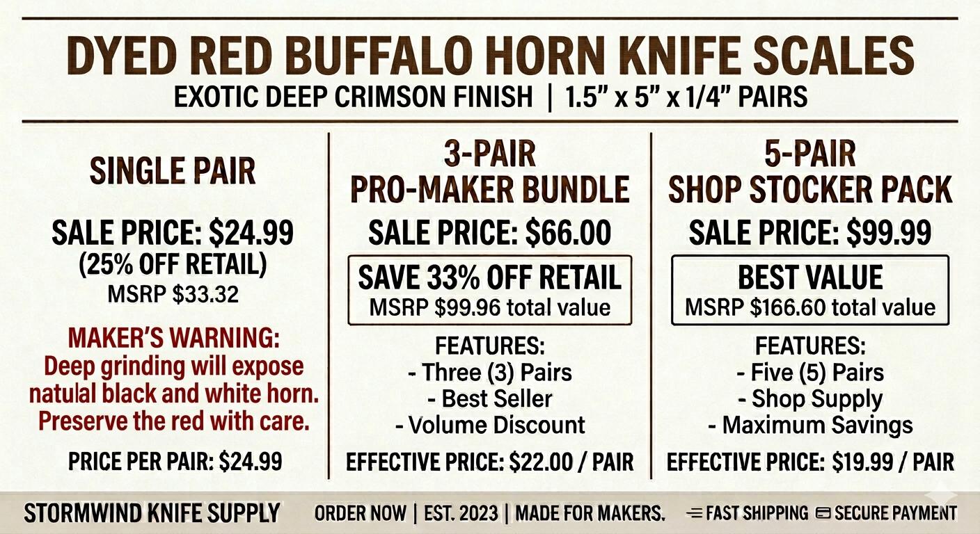 Dyed Red Buffalo Horn Knife Scales  High-Contrast Handle Material (1.5 x 5 x 1/4)