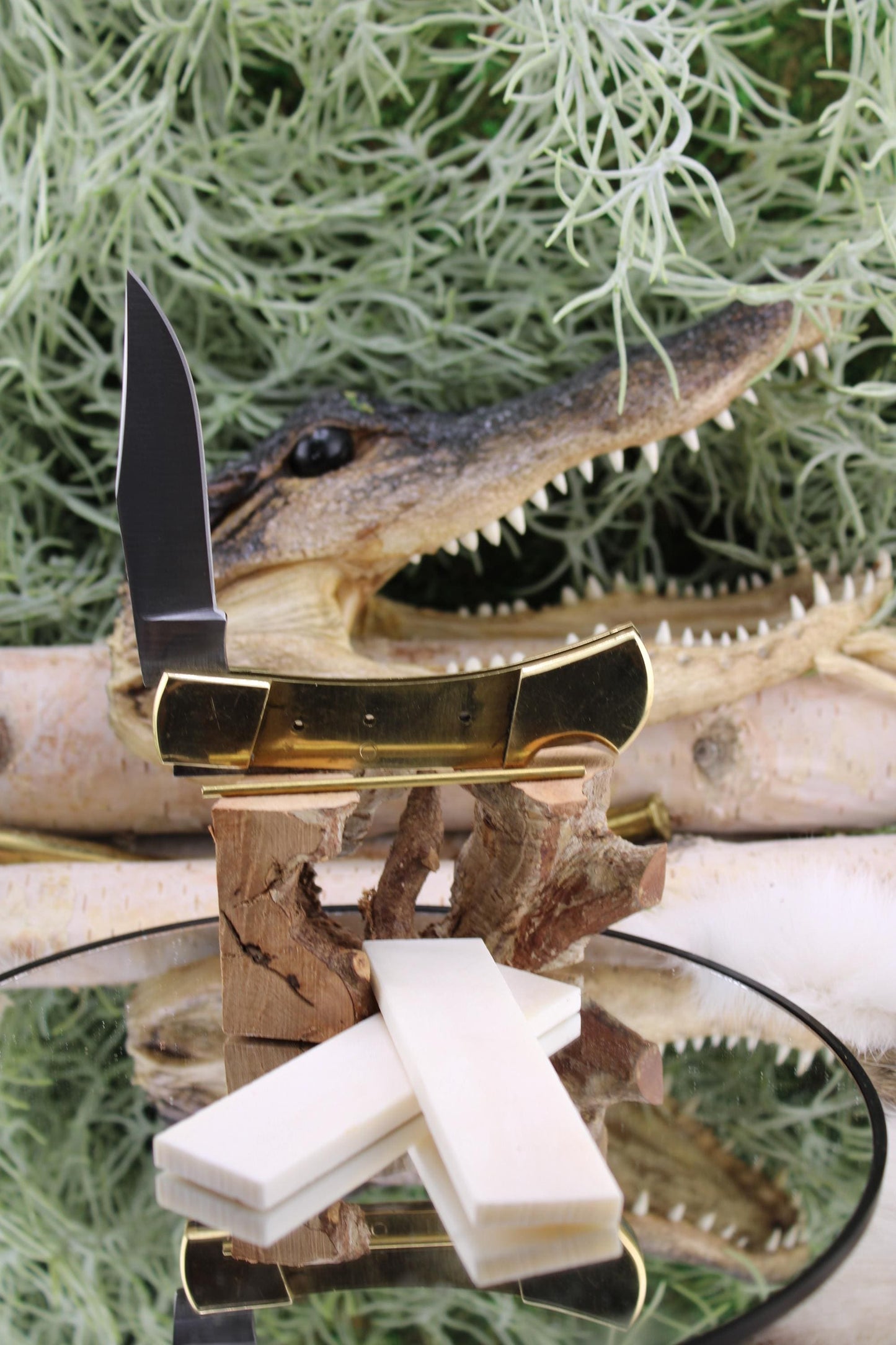 DIY Lock Back Folder Knife Kit27: Japanese Blade, Bleached Camel Bone Scales, Brass Pins