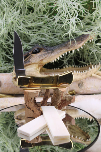 DIY Lock Back Folder Knife Kit27: Japanese Blade, Bleached Camel Bone Scales, Brass Pins