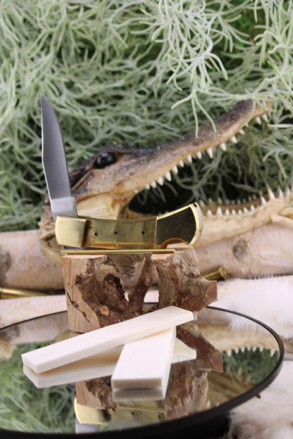 DIY Lock Back Folder Kit29: Japanese 420HC Blade, Bleached Camel Bone Scales, Brass Pins