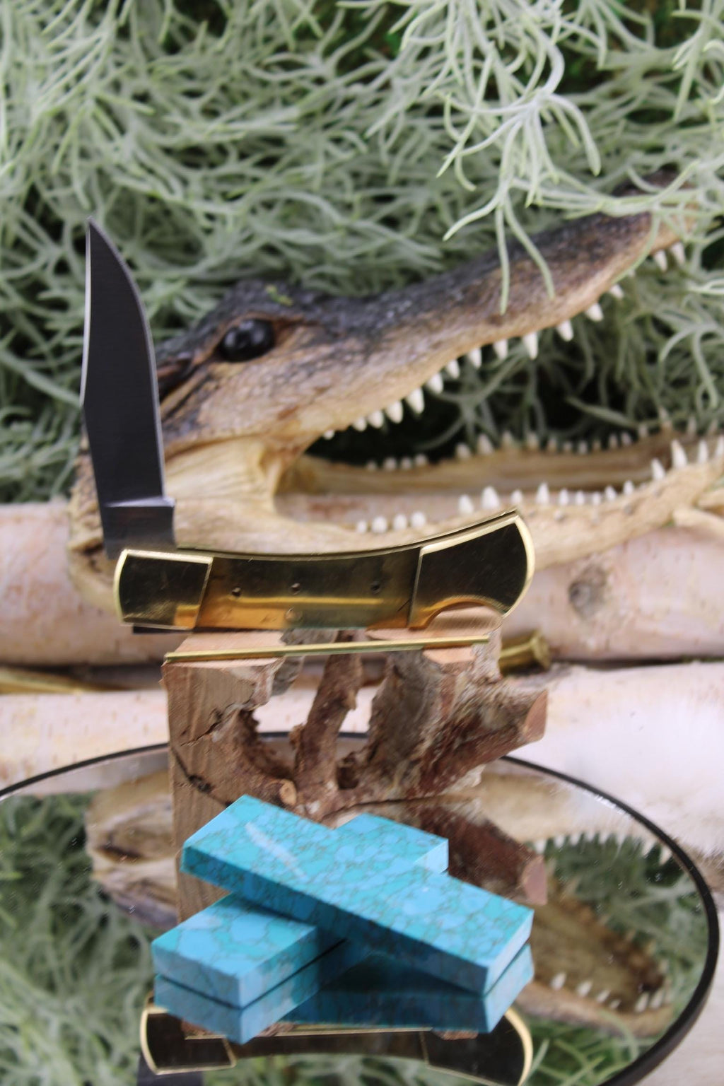 Lock Back Folder Knife Making Kit25: Japanese Blade, Turquoise Stone Scales, Brass Pins