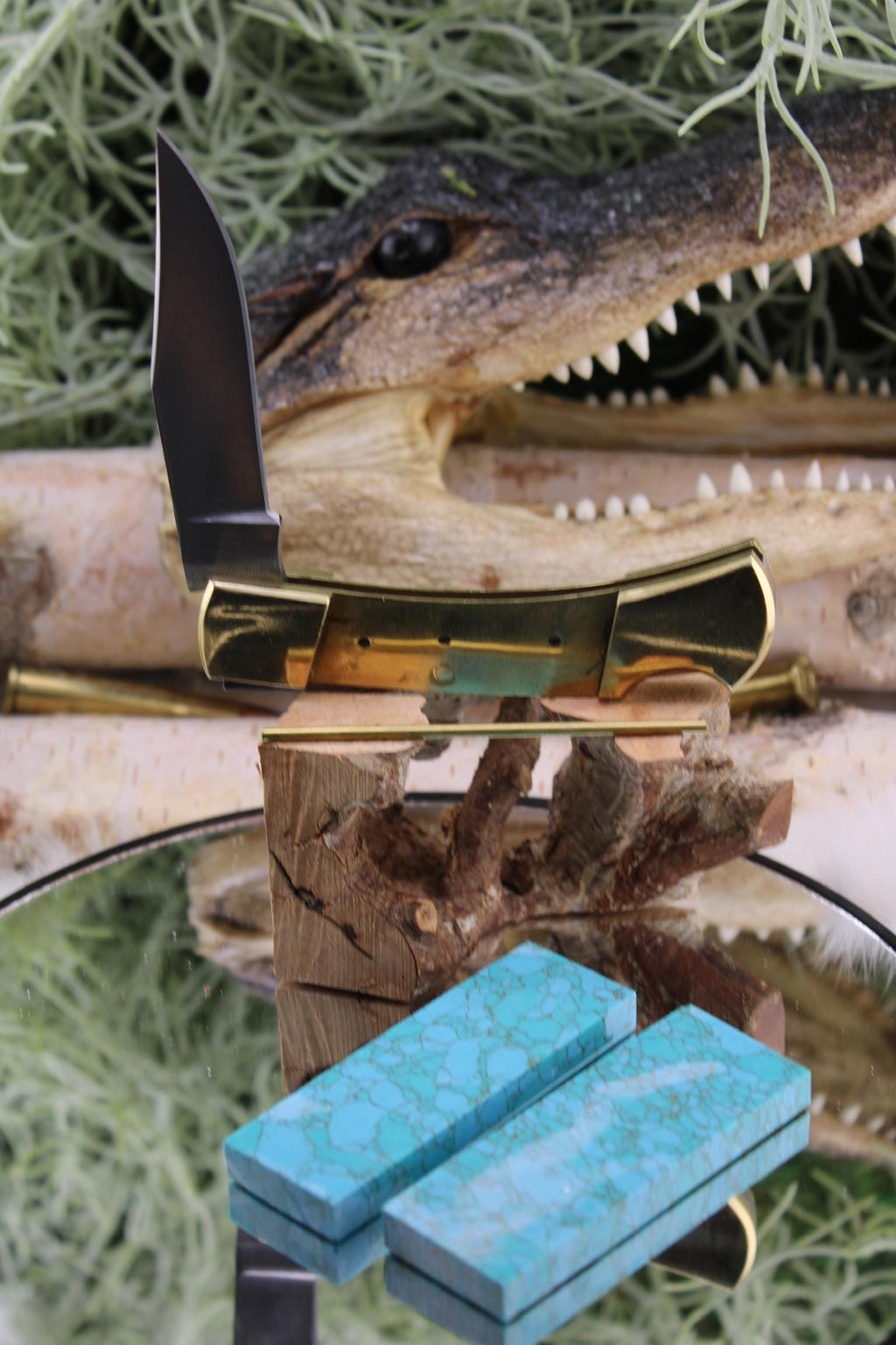 Lock Back Folder Knife Making Kit25: Japanese Blade, Turquoise Stone Scales, Brass Pins