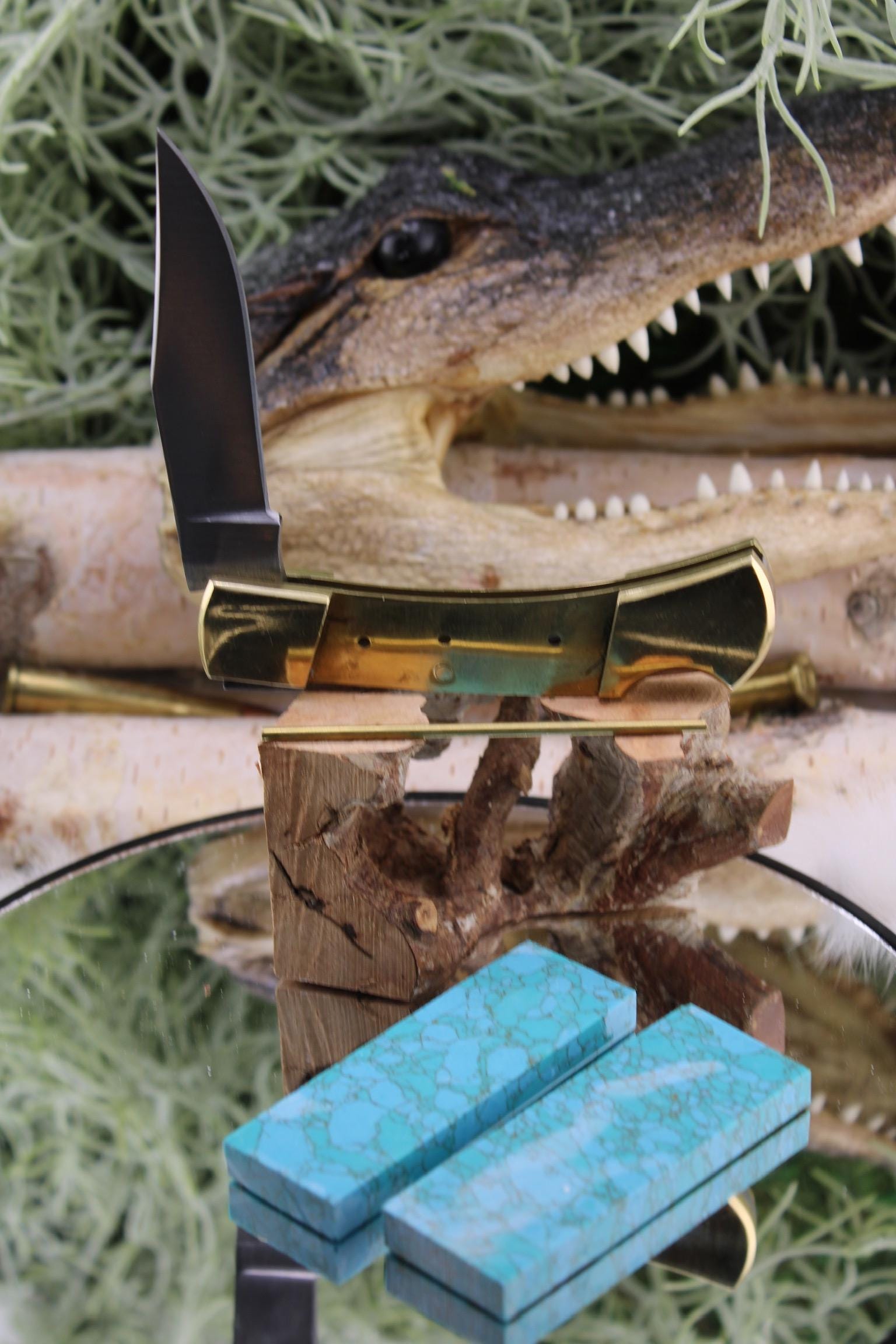 Lock Back Folder Knife Making Kit25: Japanese Blade, Turquoise Stone Scales, Brass Pins