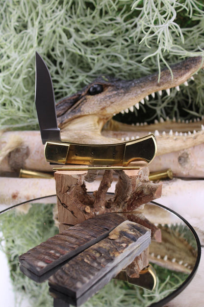 Lock Back Folder Knife Making Kit26: Japanese Blade, Black Ram Horn, Brass Hardware