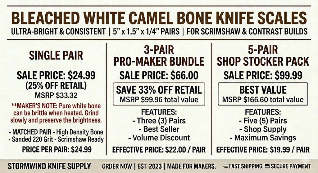 Bleached White Camel Bone Knife Scales - 5" x 1.5" x 1/4" Pair - Ultra Bright Handle Material - For Scrimshaw - Stormwind Knife Supply