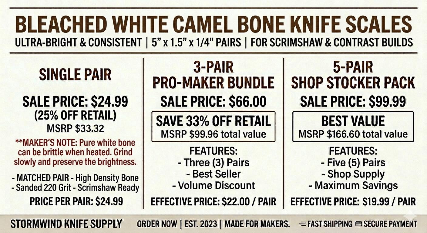 Bleached White Camel Bone Knife Scales - 5" x 1.5" x 1/4" Pair - Ultra Bright Handle Material - For Scrimshaw - Stormwind Knife Supply