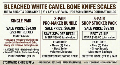 Bleached White Camel Bone Knife Scales - 5" x 1.5" x 1/4" Pair - Ultra Bright Handle Material - For Scrimshaw - Stormwind Knife Supply