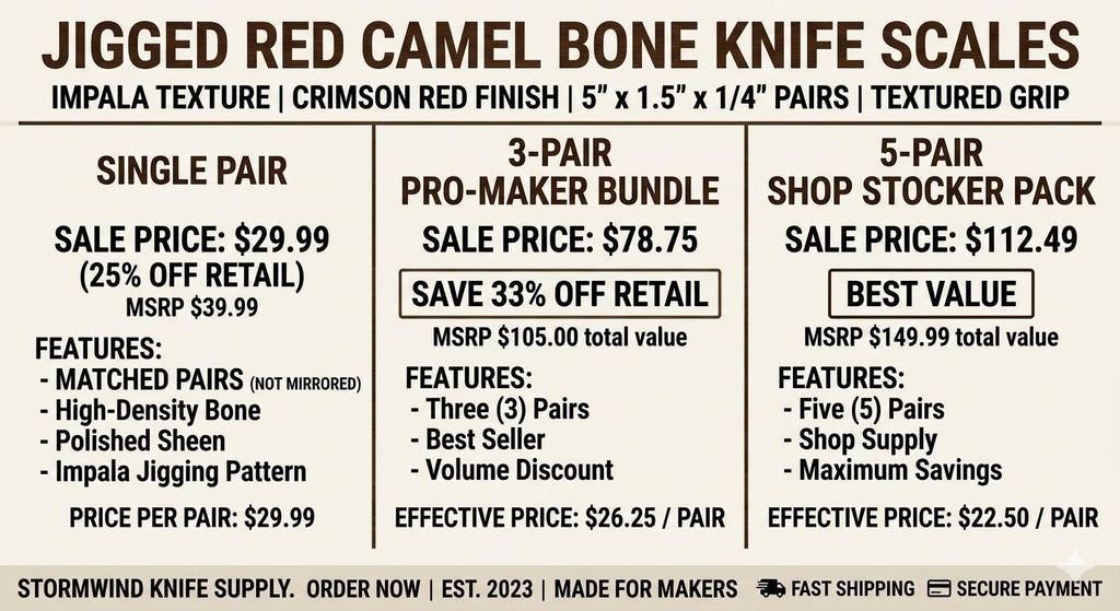 Jigged Red Camel Bone Knife Scales  Crimson Impala Texture Handle Material (5" x 1.5")