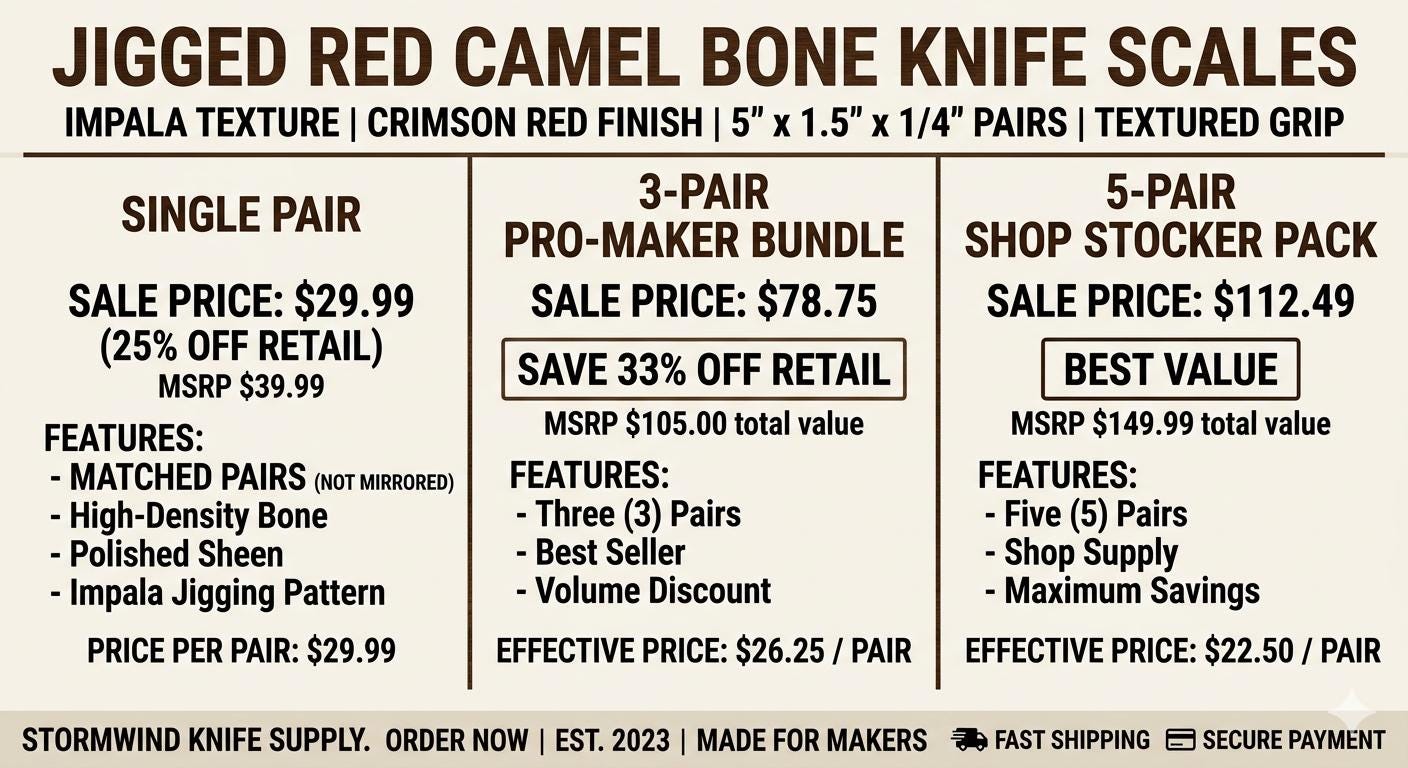 Jigged Red Camel Bone Knife Scales  Crimson Impala Texture Handle Material (5" x 1.5")