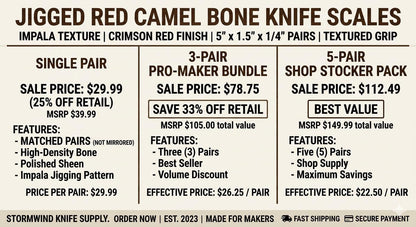 Jigged Red Camel Bone Knife Scales  Crimson Impala Texture Handle Material (5" x 1.5")