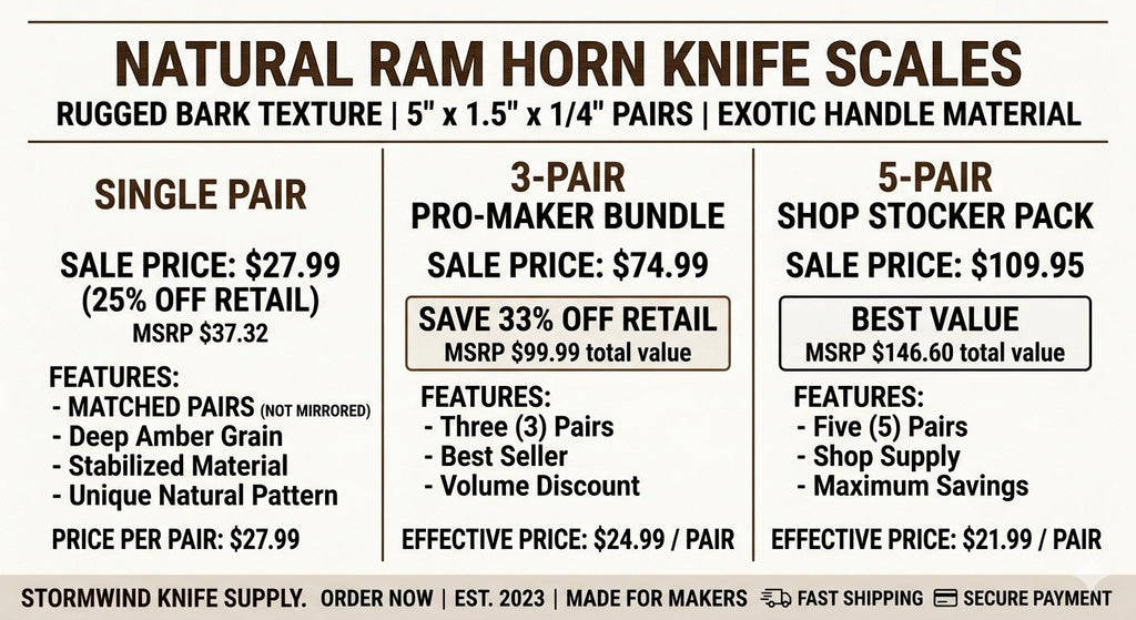 Natural Ram Horn Knife Scales  Amber Grain Handle Material (5" x 1.5" x 1/4")