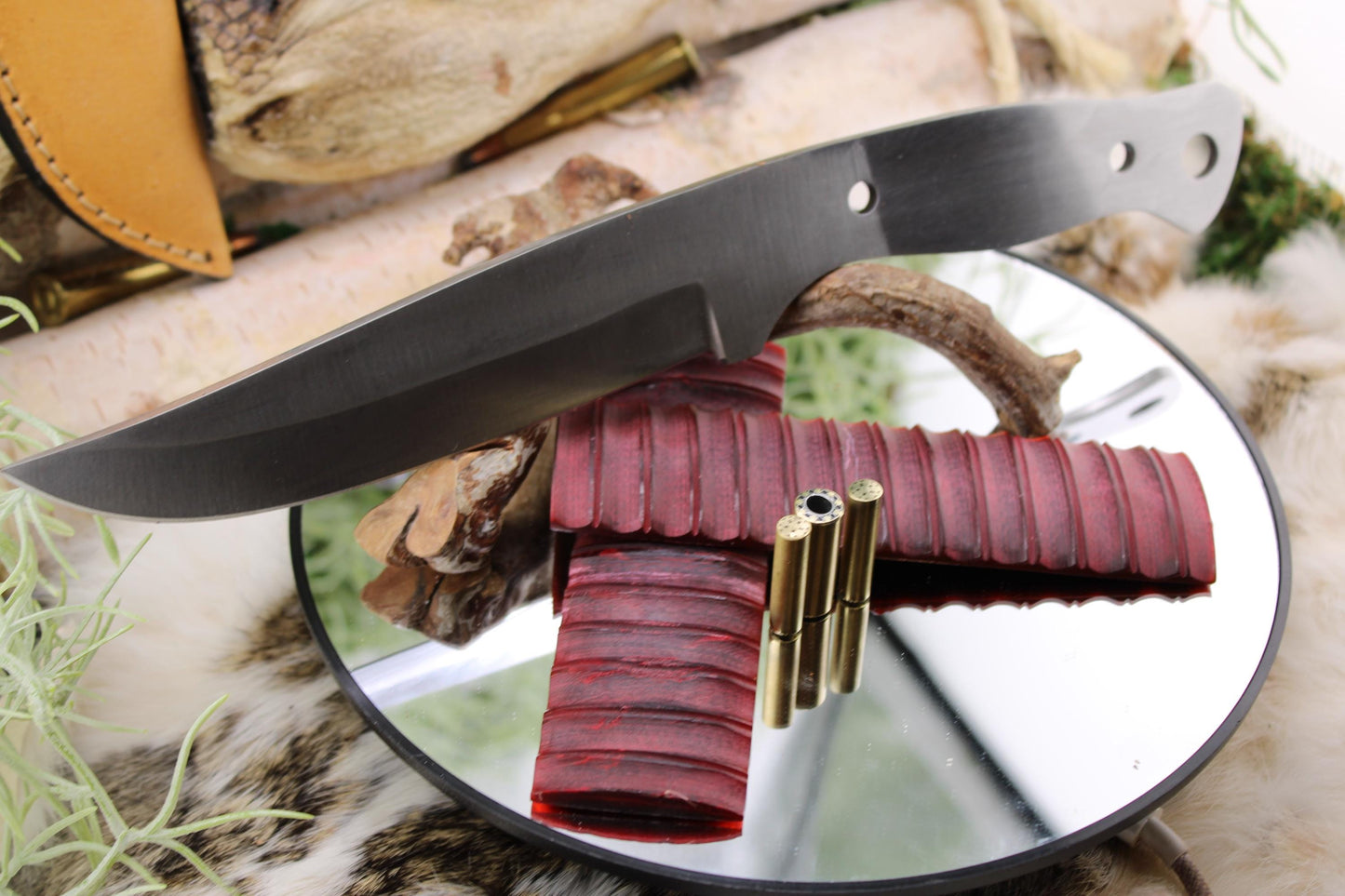 DIY Clip Point Hunter Knife Kit4: Red Camel Bone Scales, Mosaic Pins, Sheath