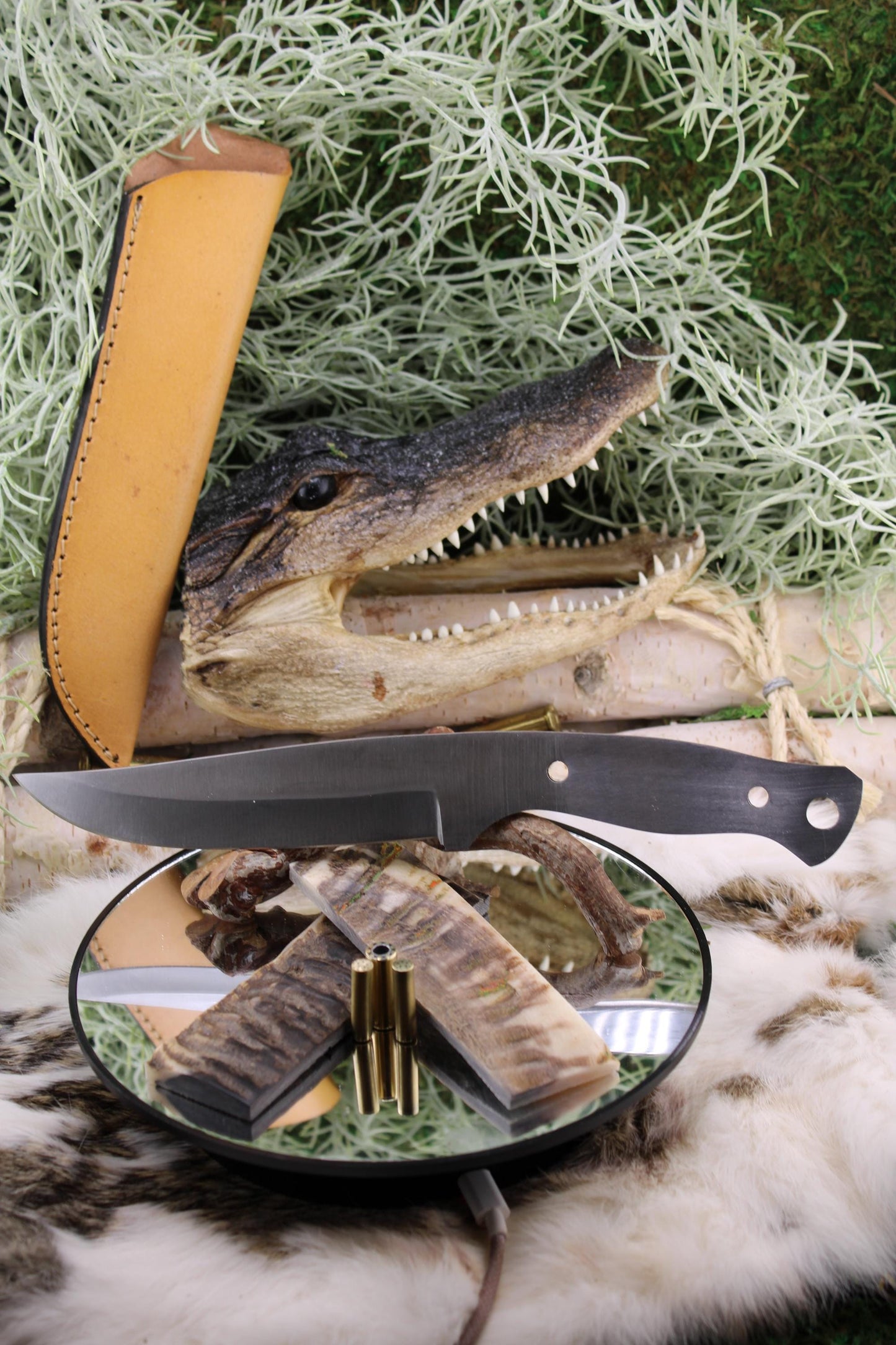 DIY Clip Point Hunter Knife Kit5: Natural Ram Horn Scales, Mosaic Pins, Sheath