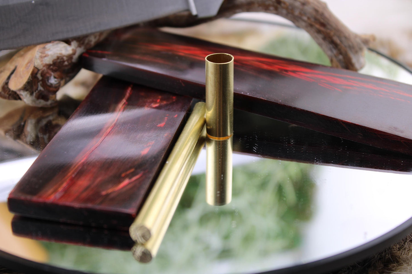 DIY Clip Point Hunter Knife Kit8: Red Buffalo Horn Scales, Brass Pins, Sheath