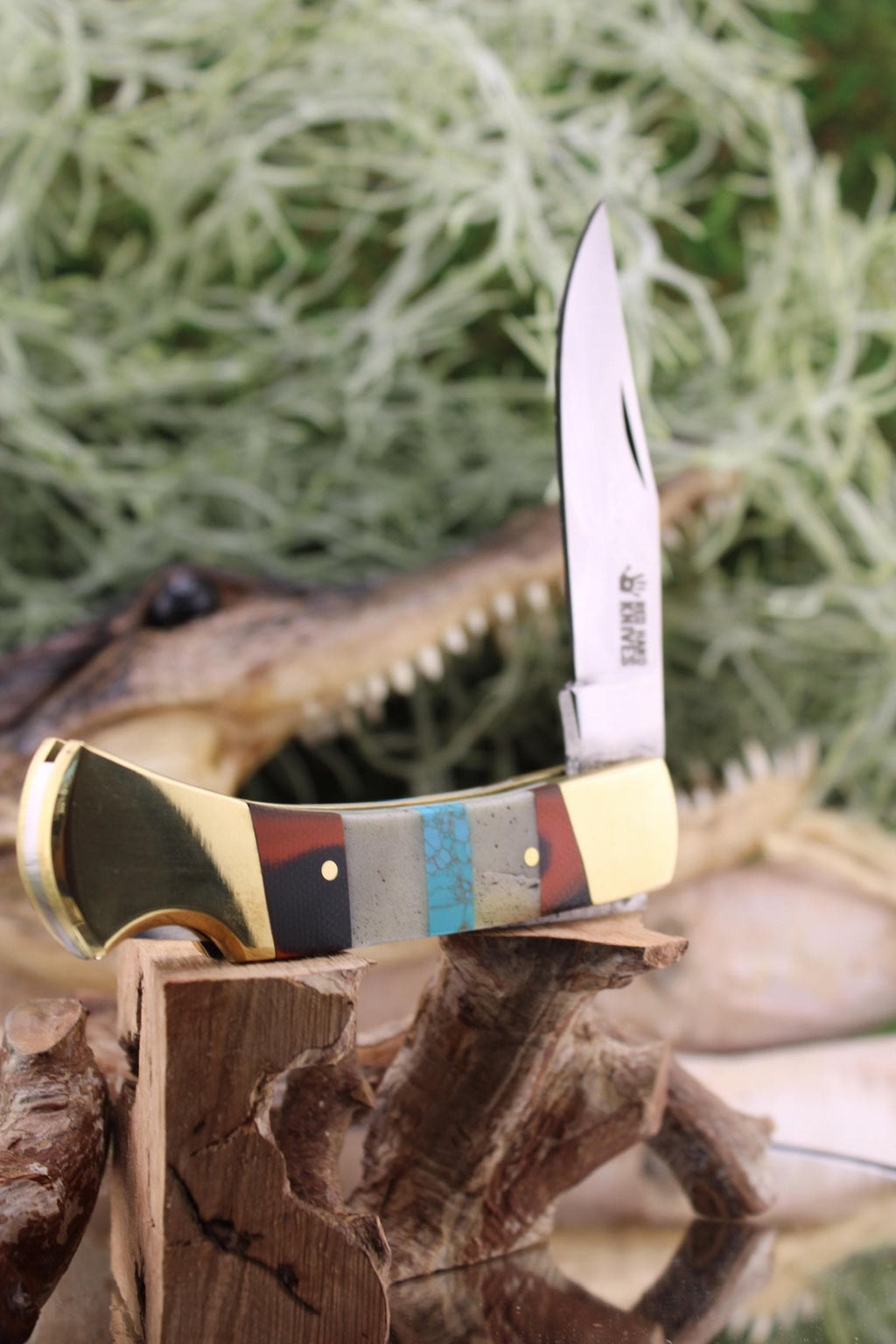 Lockback with Camel Bone, Turquoise & Brown G10 Segmented Handle