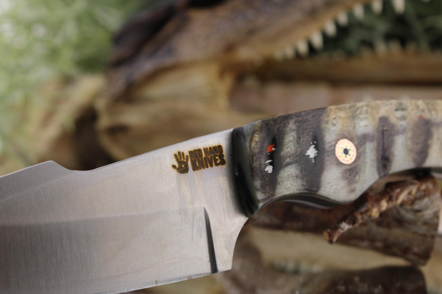 Handmade Red Hand Knives Harpoon Hunter with Natural Ram horn and Mosaic Pins