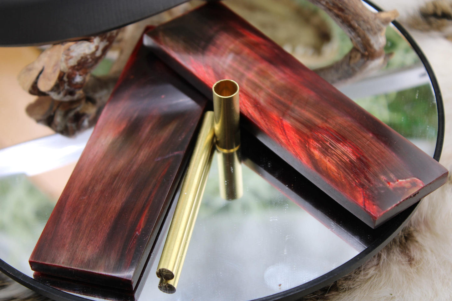 DIY Knife Making Kit12: Nesmuk Blade, Red Buffalo Horn Scales, Brass Hardware, Sheath
