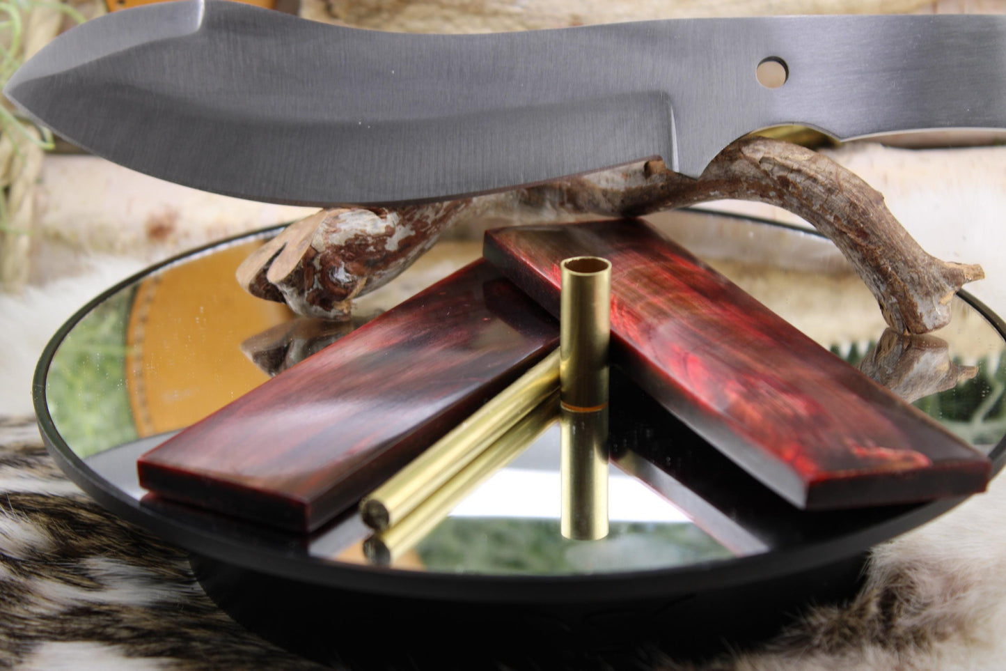DIY Knife Making Kit12: Nesmuk Blade, Red Buffalo Horn Scales, Brass Hardware, Sheath