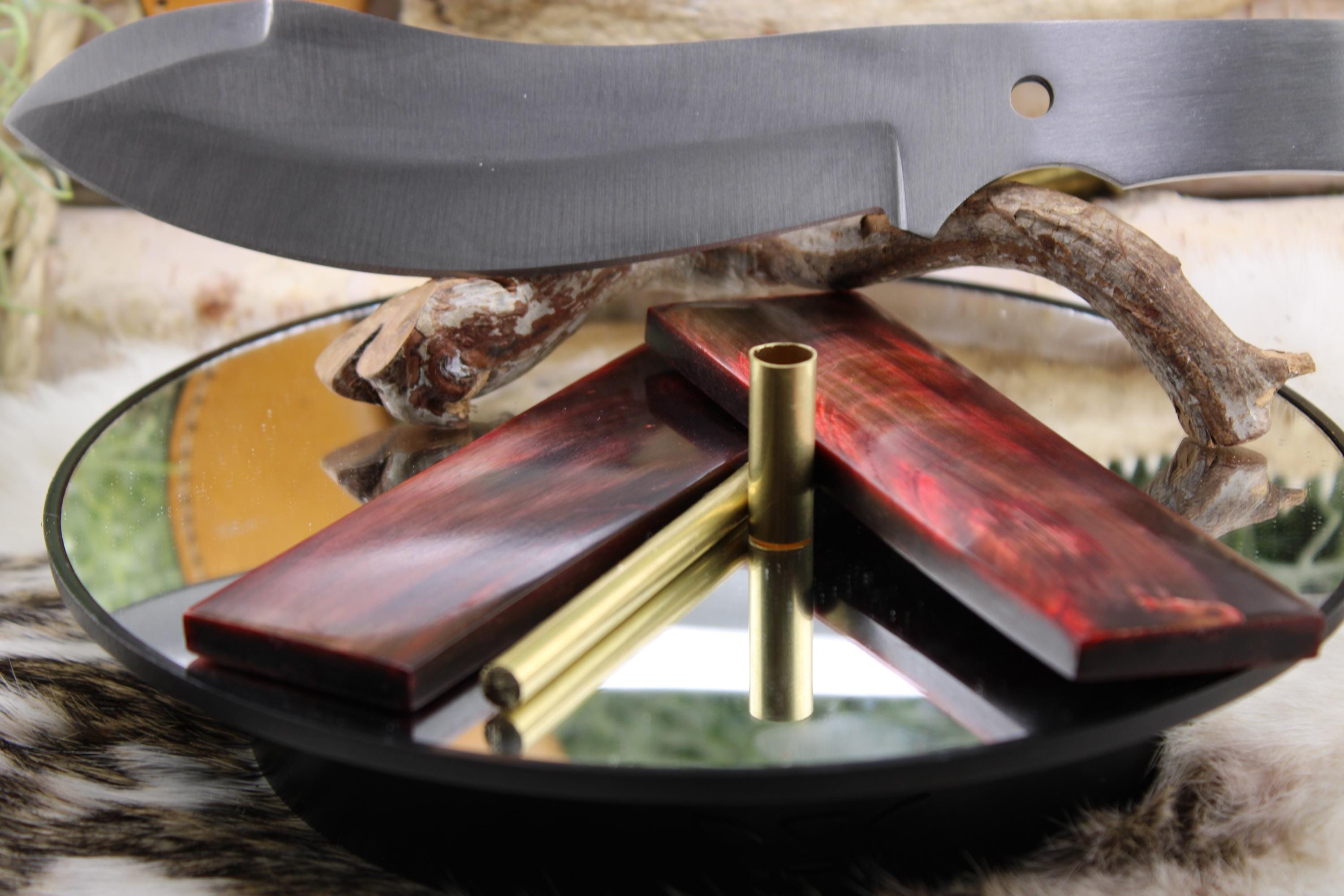 DIY Knife Making Kit12: Nesmuk Blade, Red Buffalo Horn Scales, Brass Hardware, Sheath