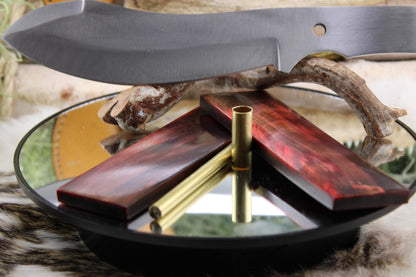 DIY Knife Making Kit12: Nesmuk Blade, Red Buffalo Horn Scales, Brass Hardware, Sheath