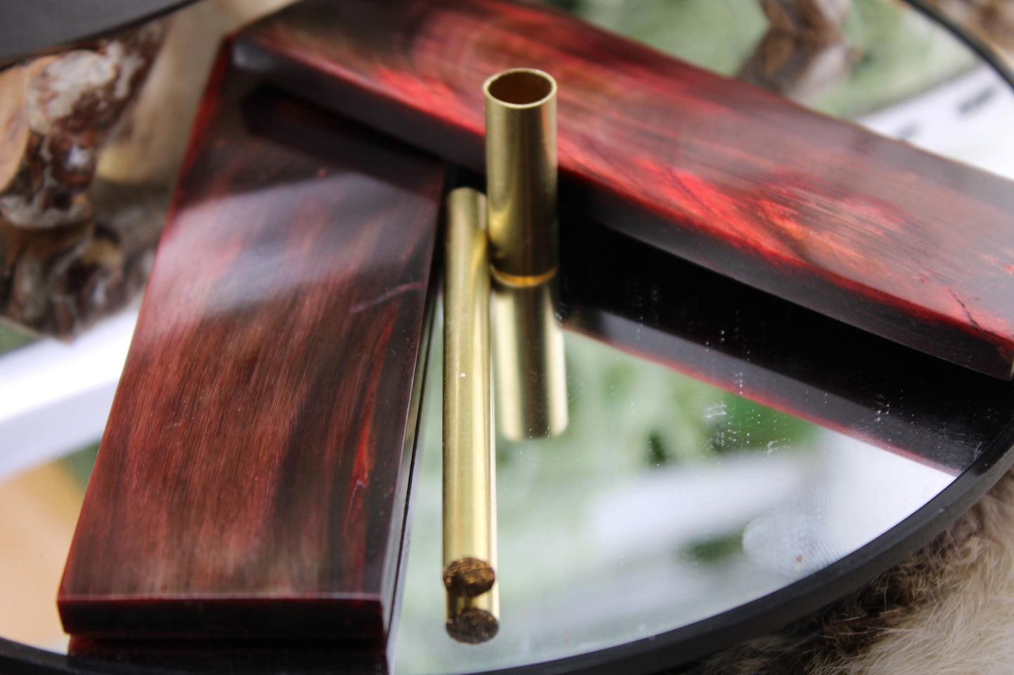 DIY Knife Making Kit12: Nesmuk Blade, Red Buffalo Horn Scales, Brass Hardware, Sheath