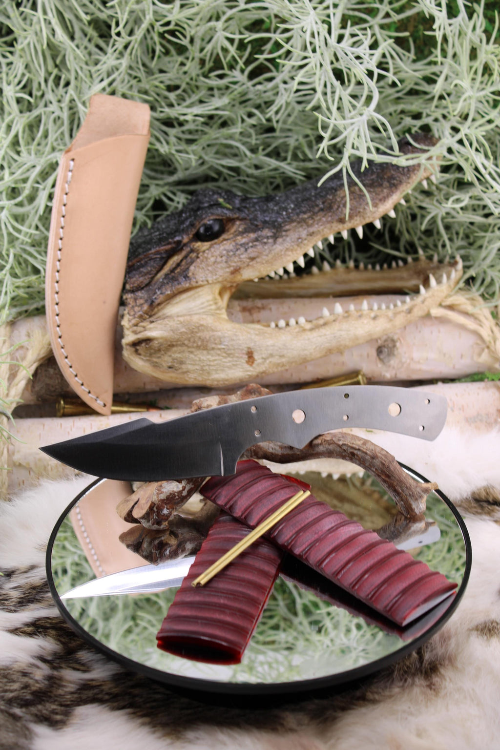 Harpoon Hunter Knife Making Kit16: Red Bone Scales, Brass Pins, Sheath  Stormwind Supply
