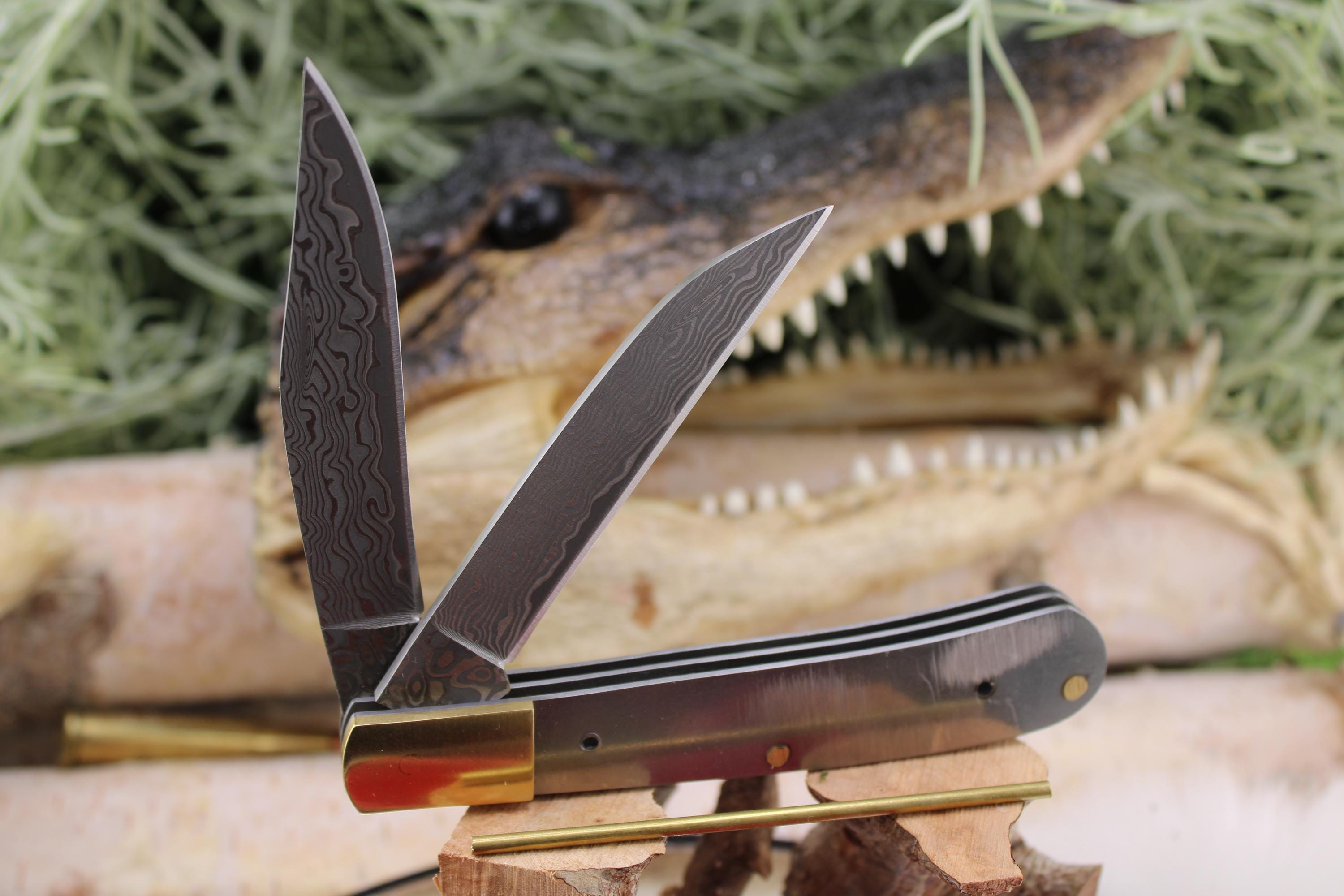 DIY Knife Making Kit 22: San Mai Japanese Blade, Coral Red Stone Scales, Brass