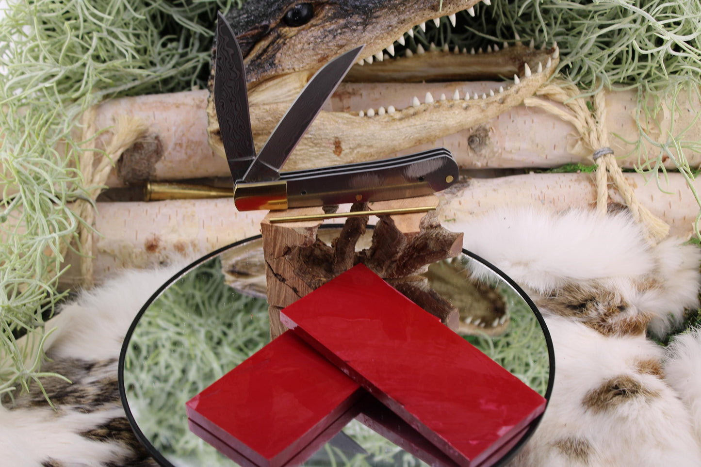DIY Knife Making Kit 22: San Mai Japanese Blade, Coral Red Stone Scales, Brass