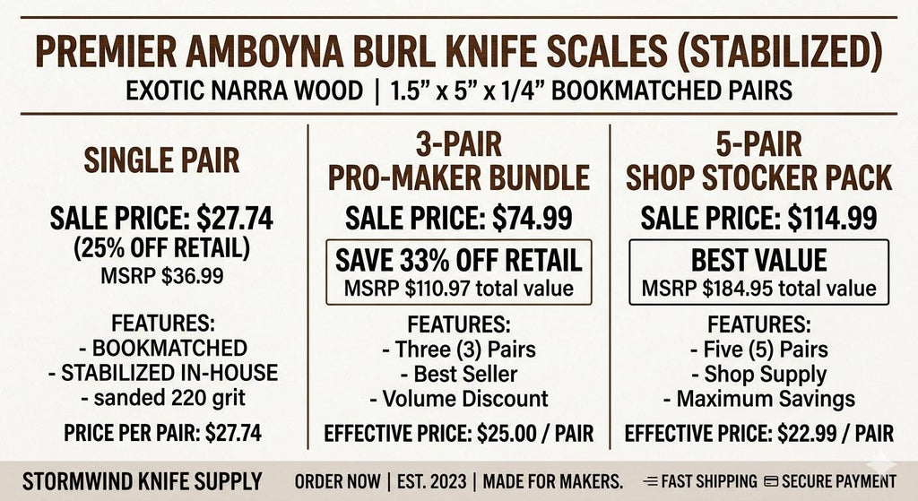 Stabilized Amboyna Burl Knife Scales  Bookmatched Narra Wood Handle Slabs
