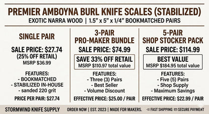Stabilized Amboyna Burl Knife Scales  Bookmatched Narra Wood Handle Slabs