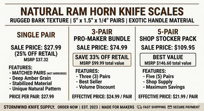 Natural Ram Horn Knife Scales – Textured Amber Grain Handle Material (5" x 1.5" x 1/4")