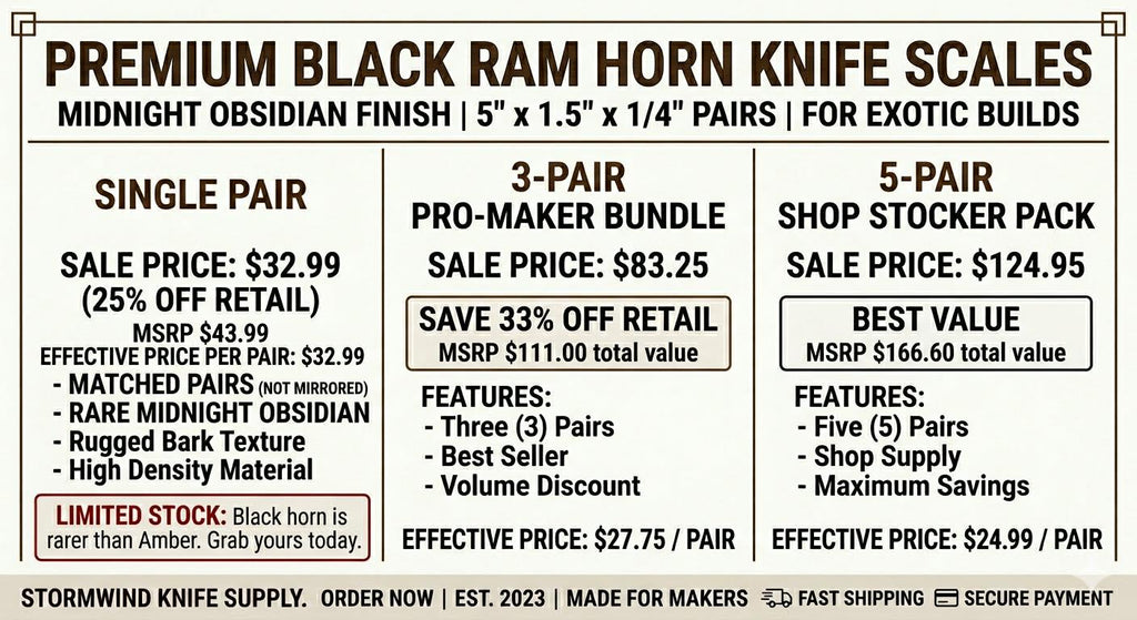 Black Ram Horn Knife Scales  Midnight Textured Handle Material (5" x 1.5" x 1/4")