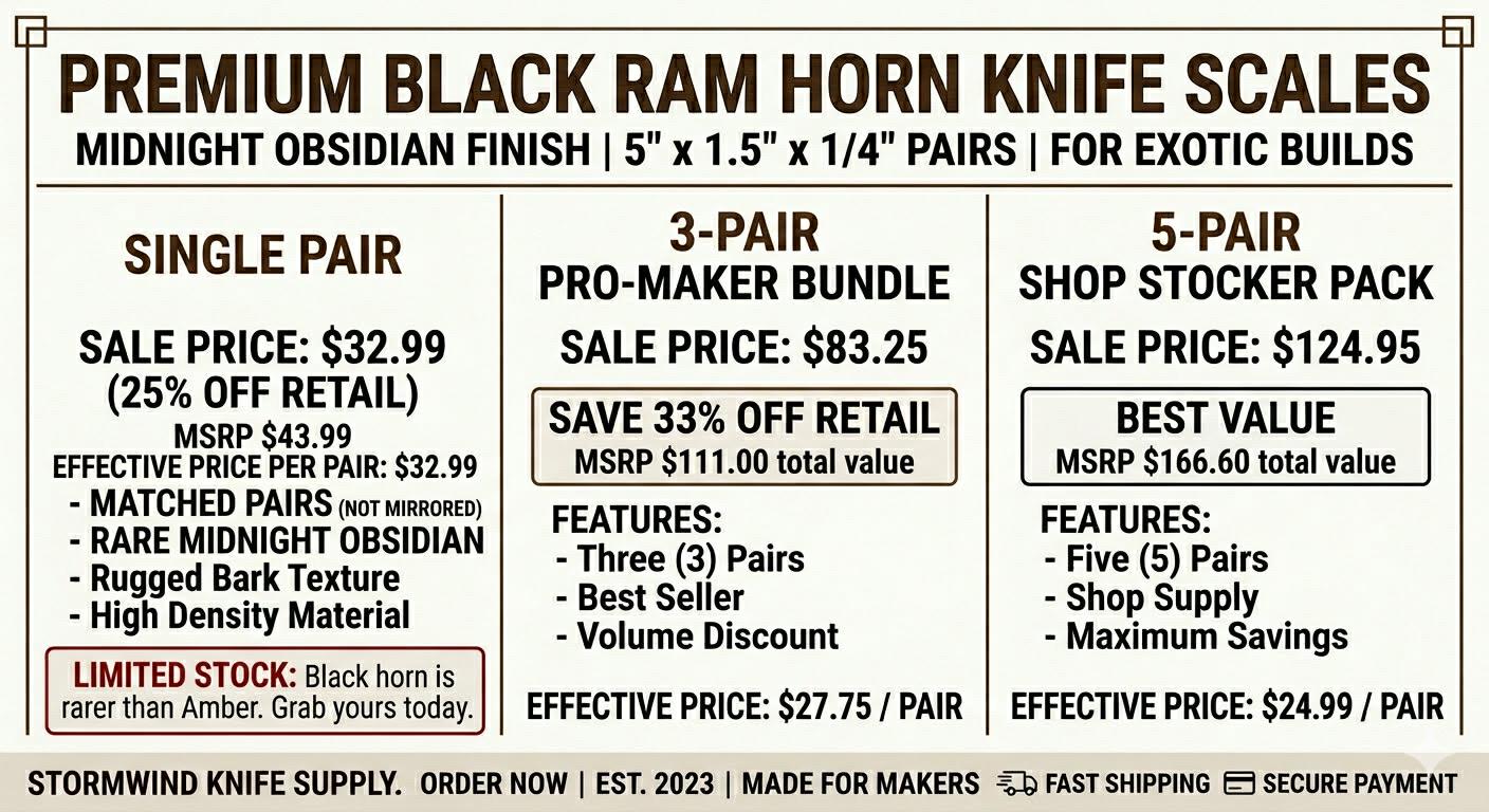 Black Ram Horn Knife Scales  Midnight Textured Handle Material (5" x 1.5" x 1/4")