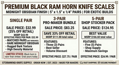 Black Ram Horn Knife Scales  Midnight Textured Handle Material (5" x 1.5" x 1/4")
