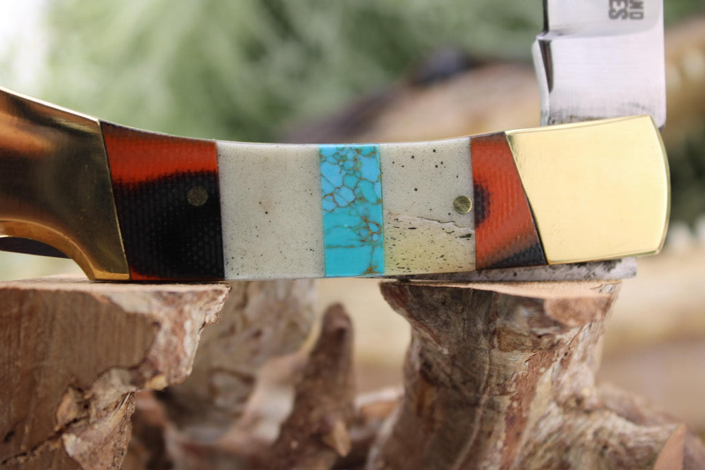 Lockback with Camel Bone, Turquoise & Brown G10 Segmented Handle