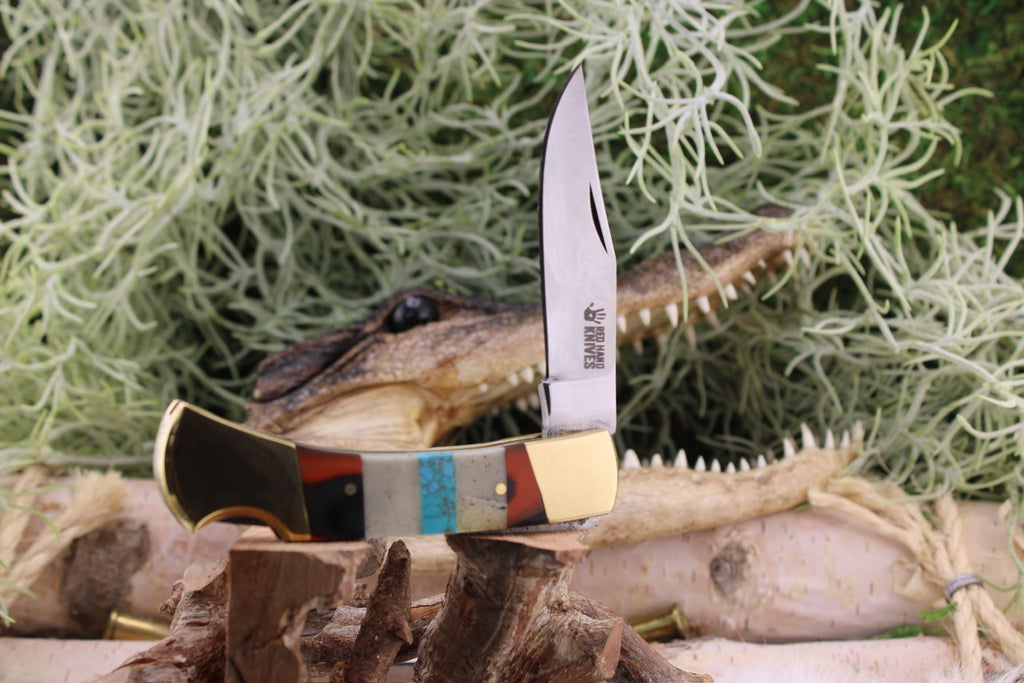 Lockback with Camel Bone, Turquoise & Brown G10 Segmented Handle