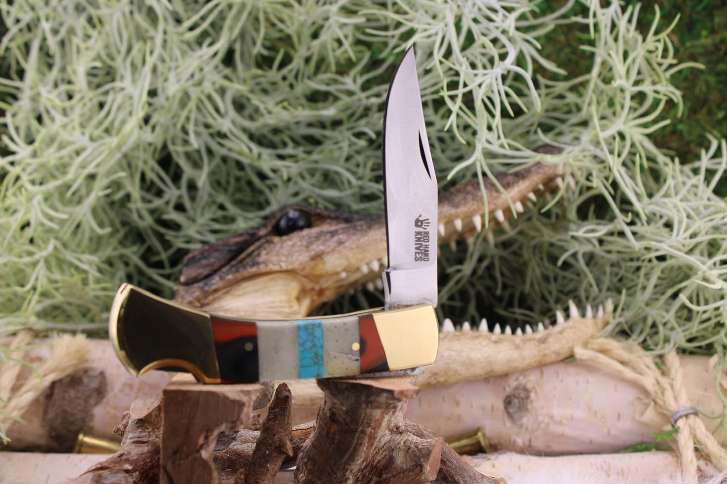 Handmade Red Hand Knives Lockback Camel Bone Turquoise and Brown G10 segmented handle