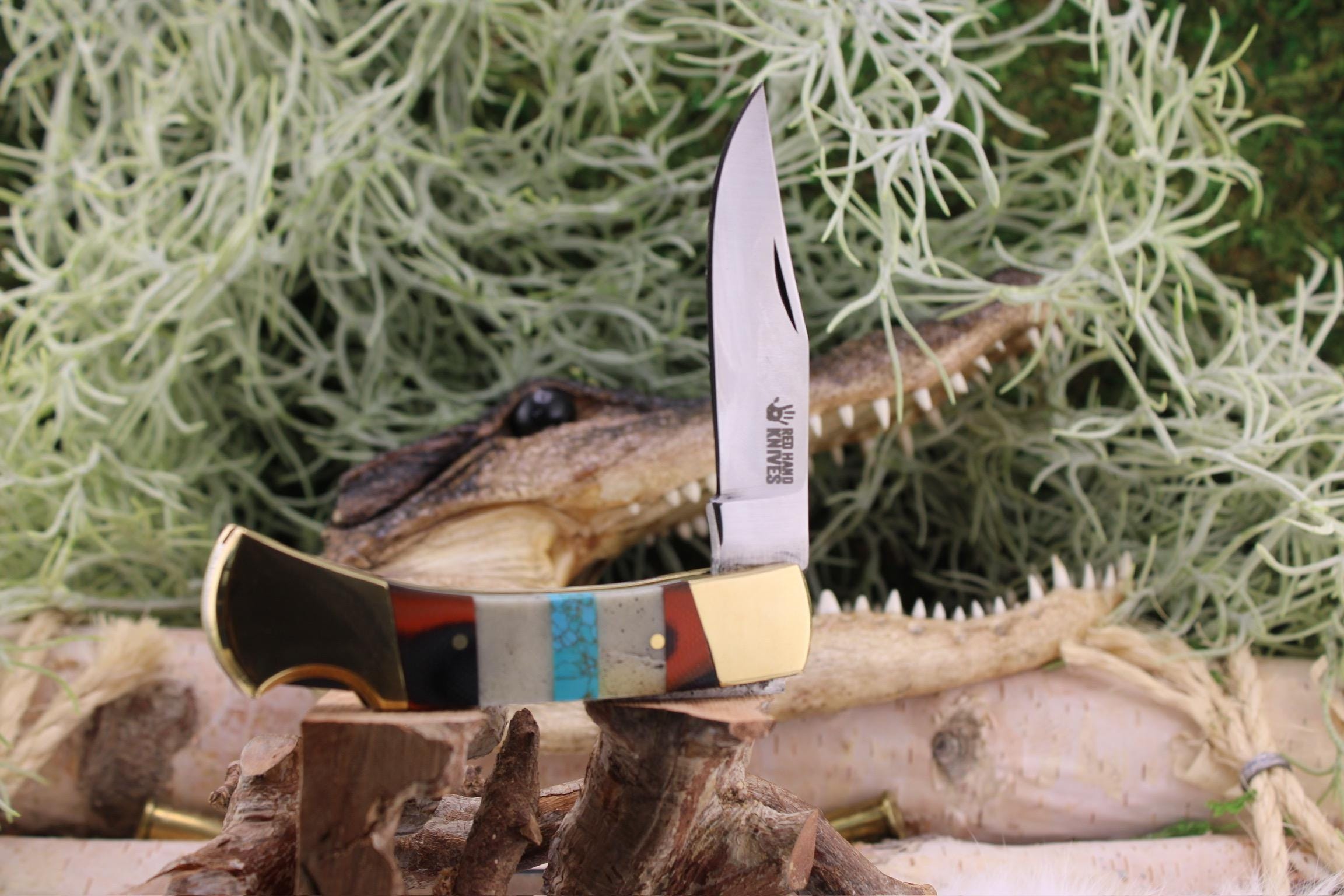 Handmade Red Hand Knives Lockback Camel Bone Turquoise and Brown G10 segmented handle