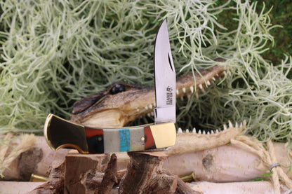 Handmade Red Hand Knives Lockback Camel Bone Turquoise and Brown G10 segmented handle